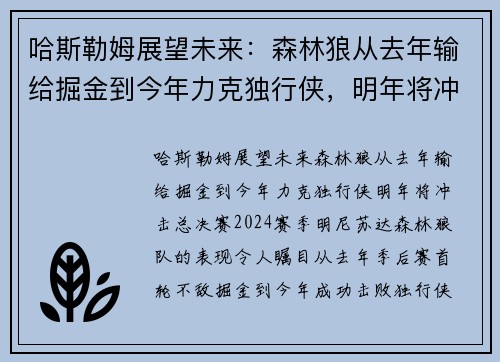 哈斯勒姆展望未来：森林狼从去年输给掘金到今年力克独行侠，明年将冲击总决赛！