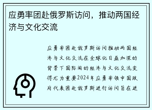 应勇率团赴俄罗斯访问，推动两国经济与文化交流