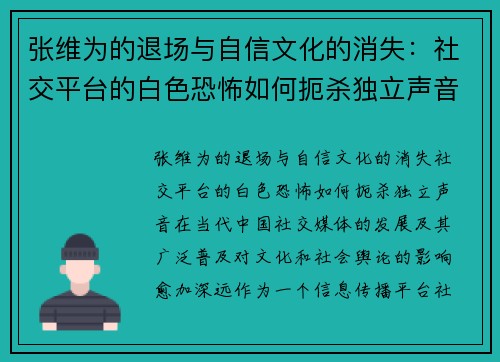张维为的退场与自信文化的消失：社交平台的白色恐怖如何扼杀独立声音